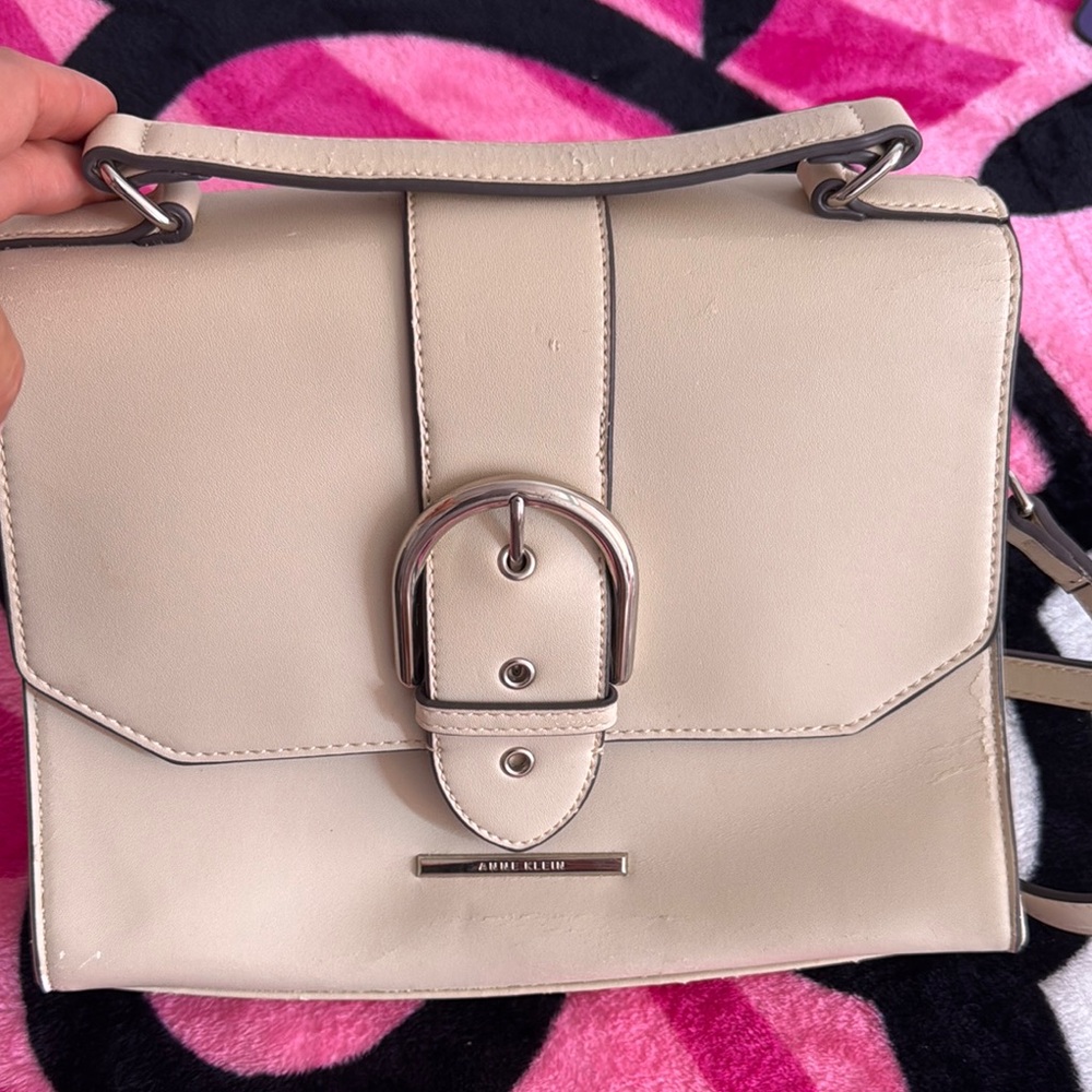 Anne Klein Cream Crossbody Bag with Silver Buckle